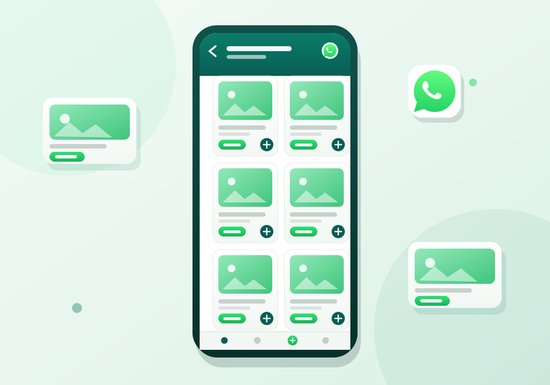 A WhatsApp Business product catalog screen showing several items with prices and photos