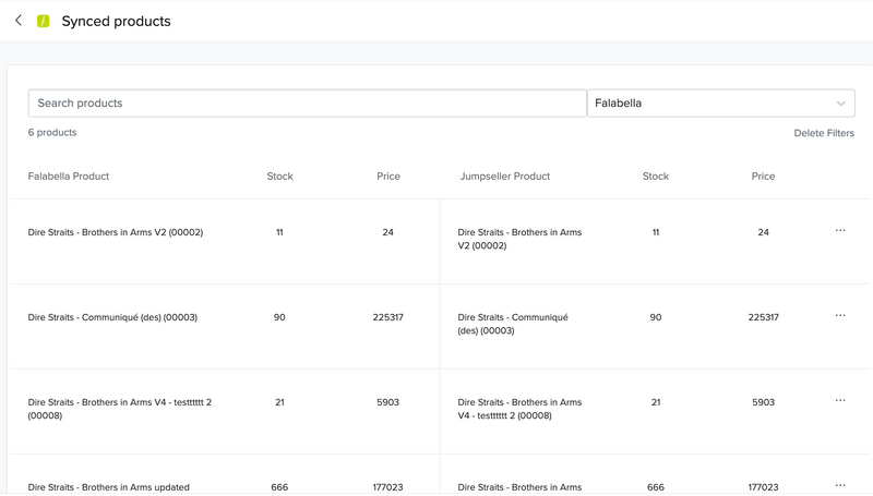 Synced products between Jumpseller and Falabella Marketplace