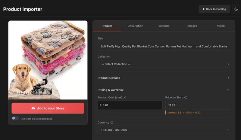 Importify product editor before adding a product to Jumpseller