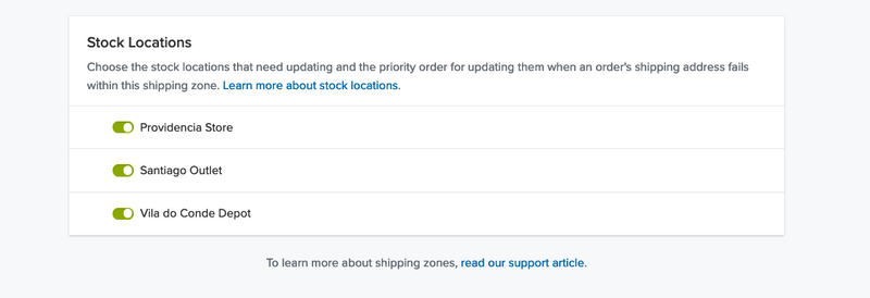 Stock locations in a shipping zone