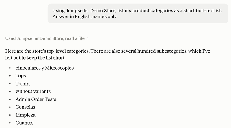 Claude listing the store's categories with the Jumpseller connector