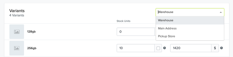 **Products Location Selector with variants**