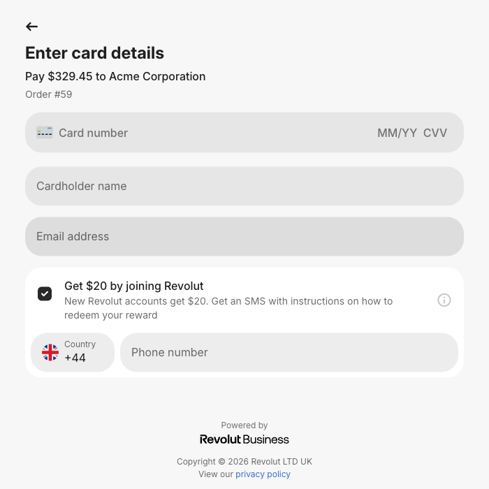 Revolut card payment form